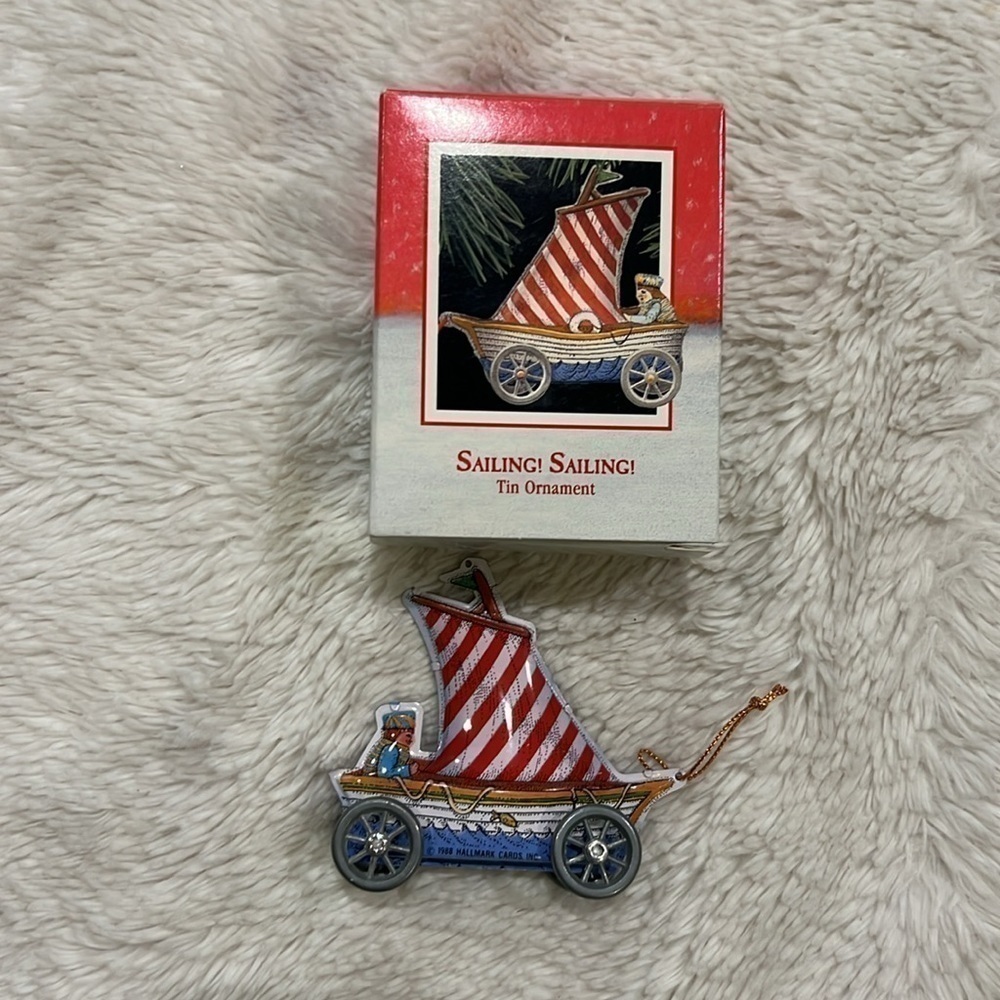1988 Hallmark Keepsake Tin Ornament Sailing! Sailing!  3" x 2 .6 "  Vintage Tin.